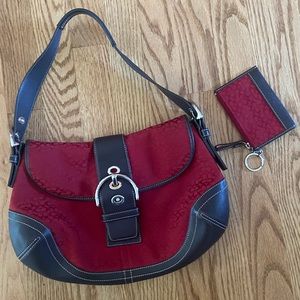 Coach Red Logo Hobo Shoulder Bag with Matching card holder keychain